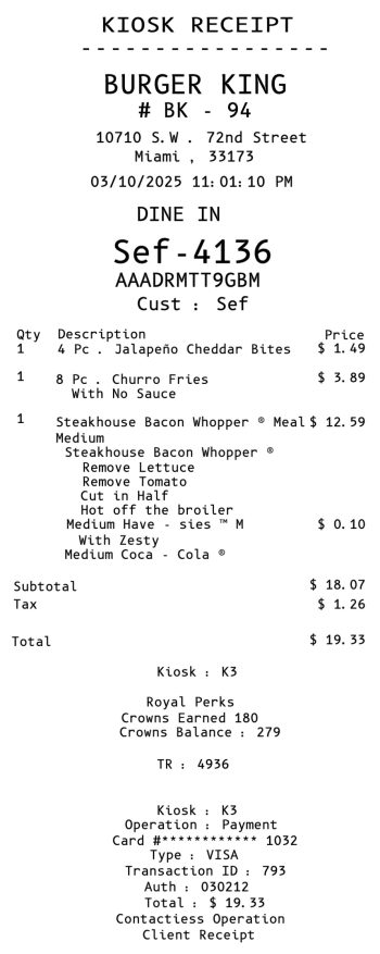 Burger King Receipt food