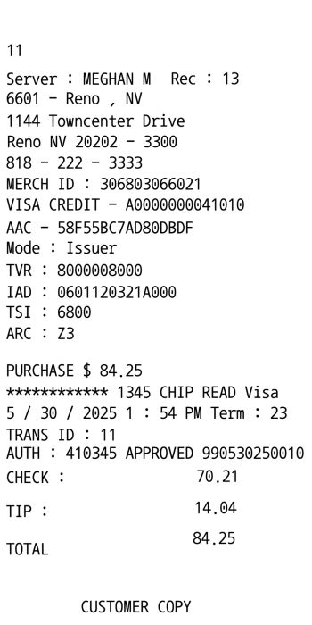 Credit card merchant receipt
