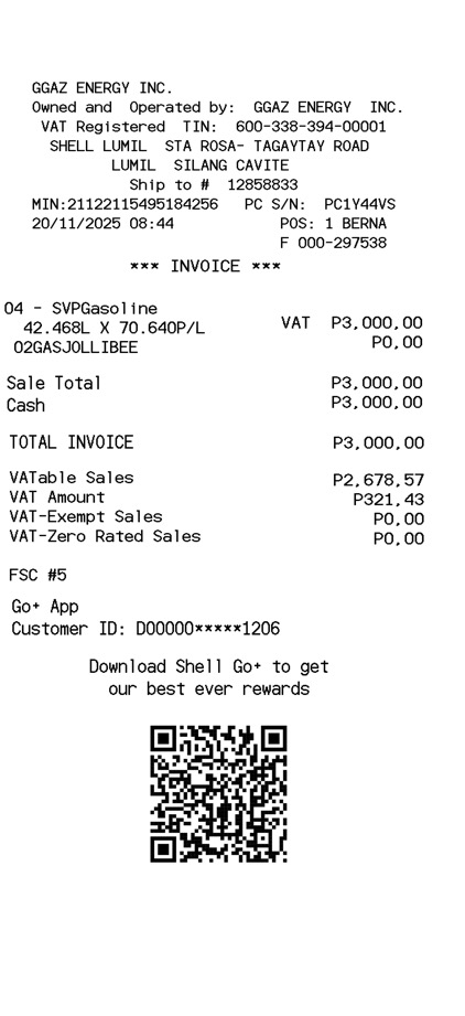 Shell receipt template Phillipines