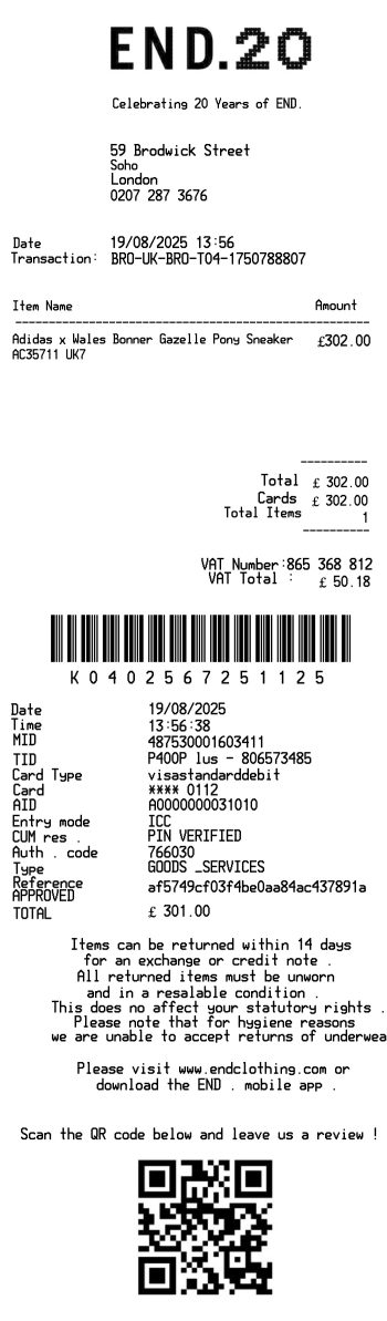 END Clothing receipt sample template