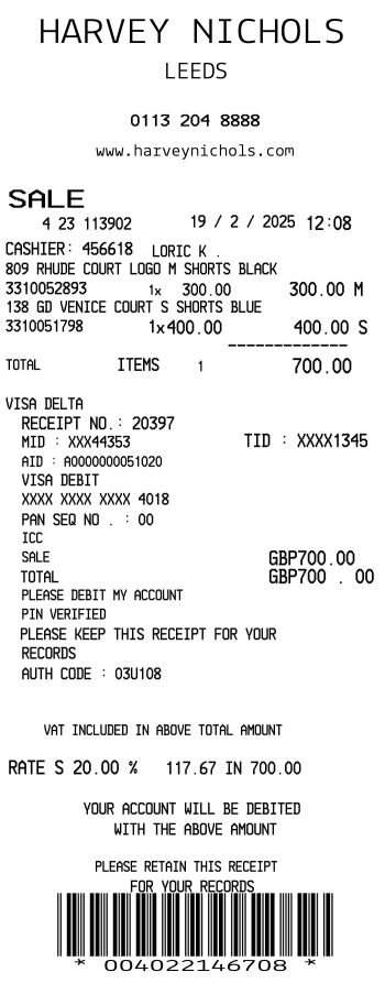 Harvey Nichols receipt template receipt template preview thumbnail