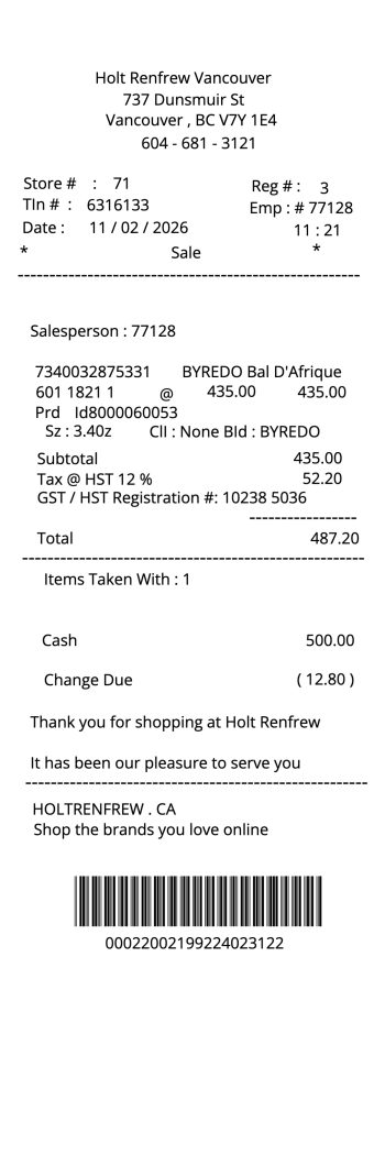 Holt Renfrew receipt template