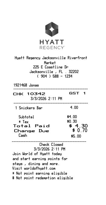 Hyatt Hotel food purchase receipt receipt template preview thumbnail