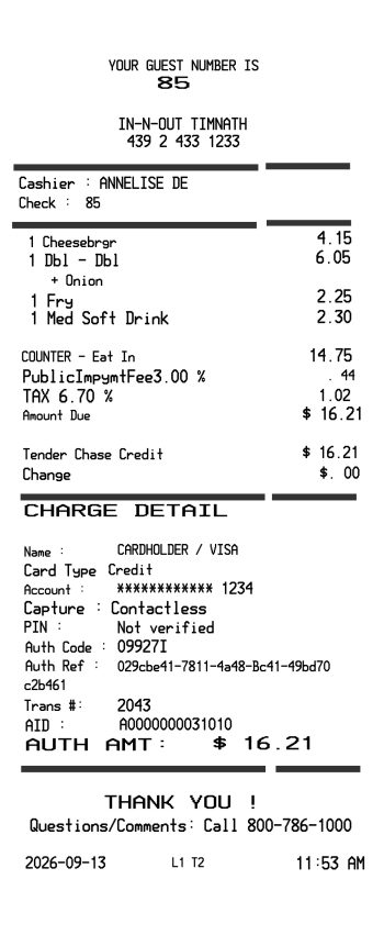 In N Out Burger receipt