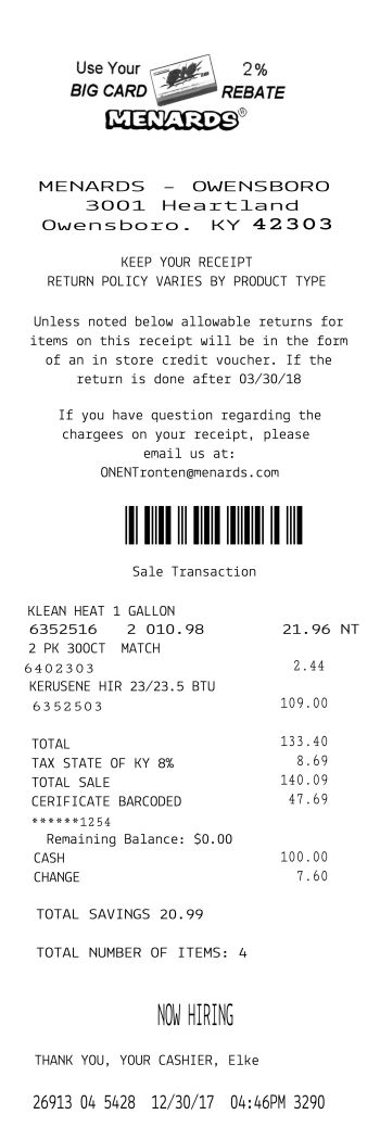 Menards Receipt 2 receipt template preview thumbnail