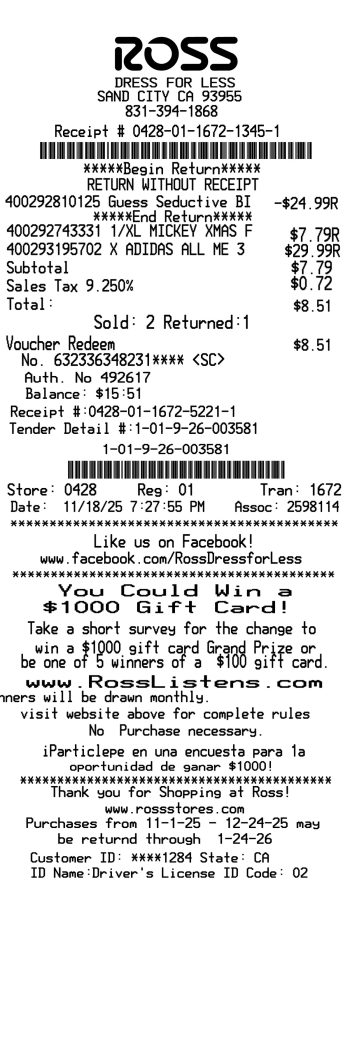 Ross clothing return receipt sample receipt template preview thumbnail