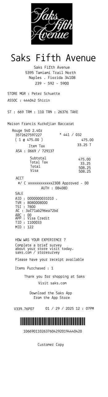 Saks Fifth Avenue receipt 2 receipt template preview thumbnail