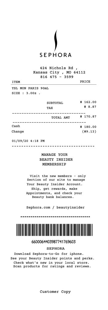 Sephora USA perfume receipt sample receipt template preview thumbnail