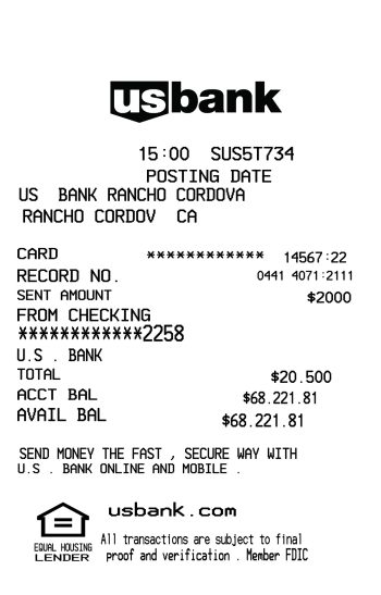 US Bank ATM receipt sample