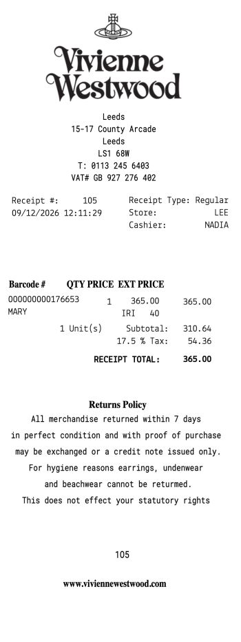 Vivienne Westwood receipt receipt template preview thumbnail